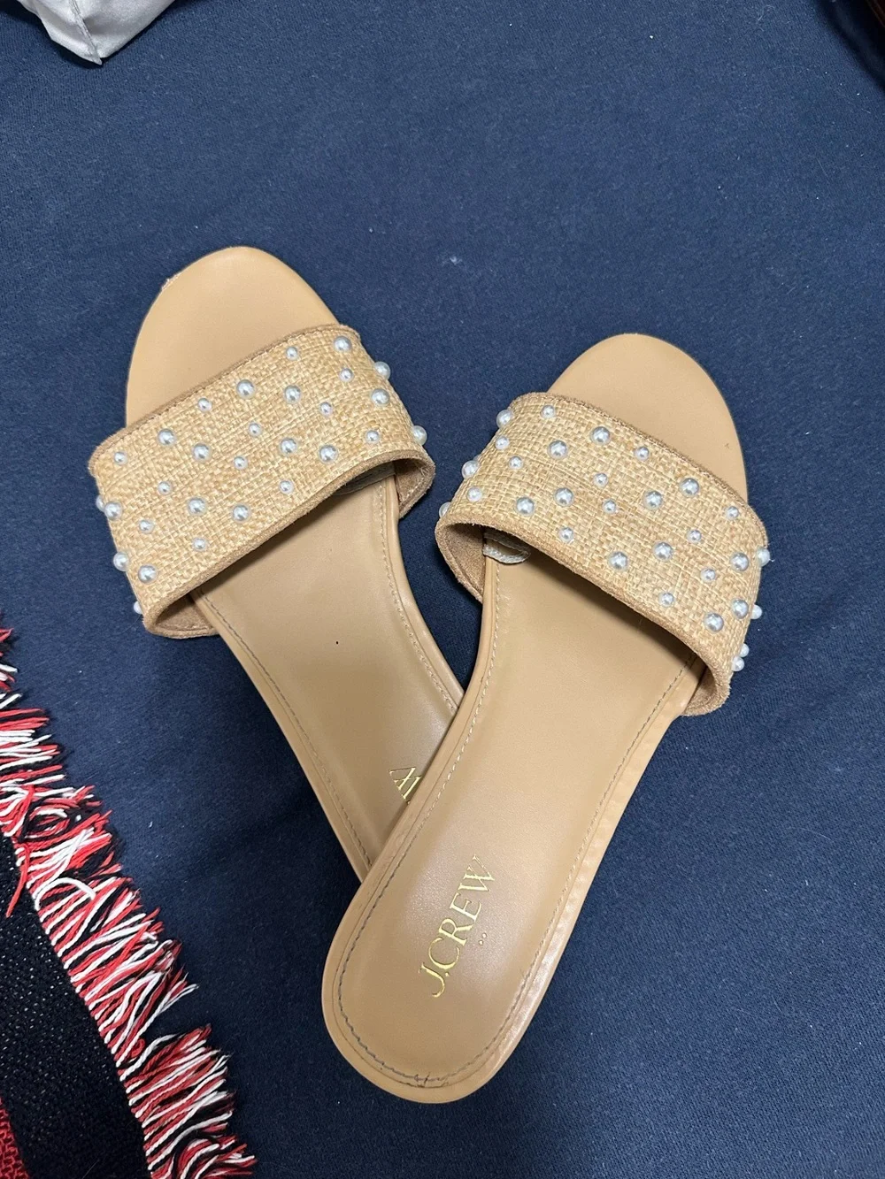J. Crew Tan Pearl-Embellished Slide Sandals